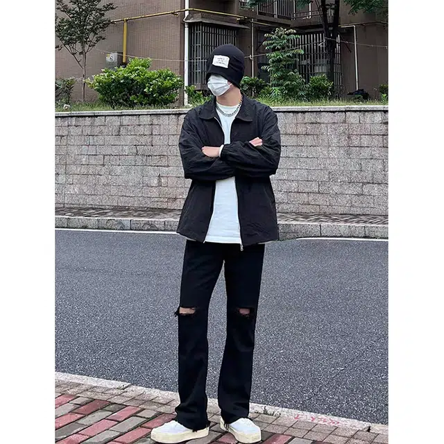 拓菲 美式高弹力显瘦裤子高街修身直筒微喇裤拉链膝盖破洞牛仔裤 男女同款
