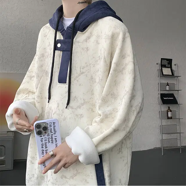 拓菲 撞色解构脏脏连帽男秋冬情侣马甲重磅复古潮牌高级感宽松休闲外套卫衣 男女同款