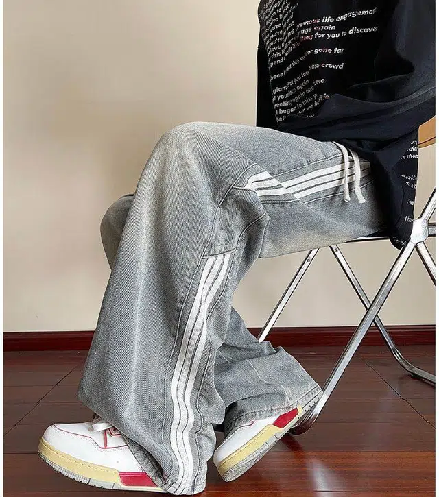 拓菲 条纹松紧腰春秋款直筒宽松阔腿裤子潮牌美式复古拖地长裤牛仔裤 男女同款