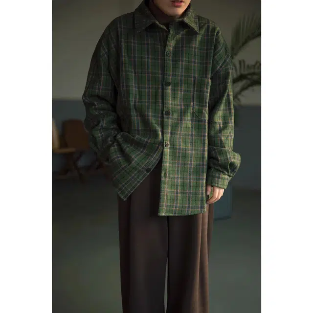 拓菲 简约毛格子衬衣长袖男生情侣款美式街头宽松高级感潮牌外套衬衫 男女同款