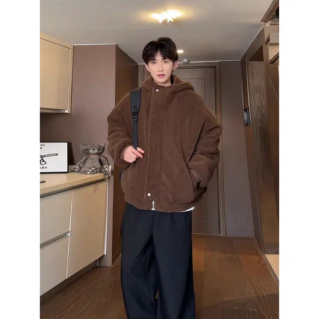 拓菲 羊羔绒男款冬季美拉德穿搭高级感连帽棉衣加厚保暖外套棉服 男女同款