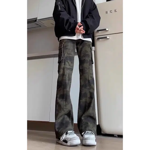 拓菲 夏季美式高街微喇显瘦迷彩工装裤弹力修身牛仔裤复古休闲裤子 男女同款