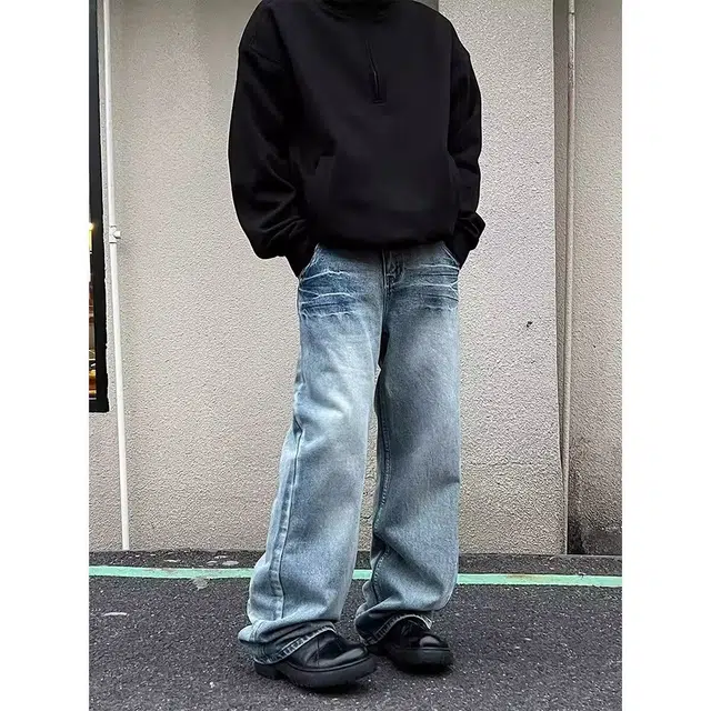 拓菲 牛仔裤时尚水洗闪电纹高街痞帅潮流百搭直筒弯刀裤子 男女同款