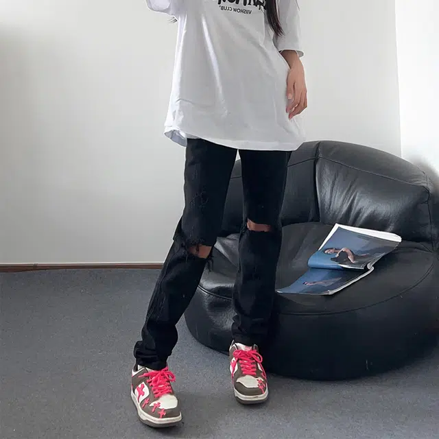 拓菲 美式高街裤子薄款毛边破洞修身直筒微喇牛仔裤 男女同款