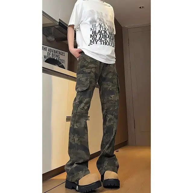 拓菲 美式复古迷彩痞帅工装裤高个子加长版裤子直筒显瘦微喇裤长裤 男女同款