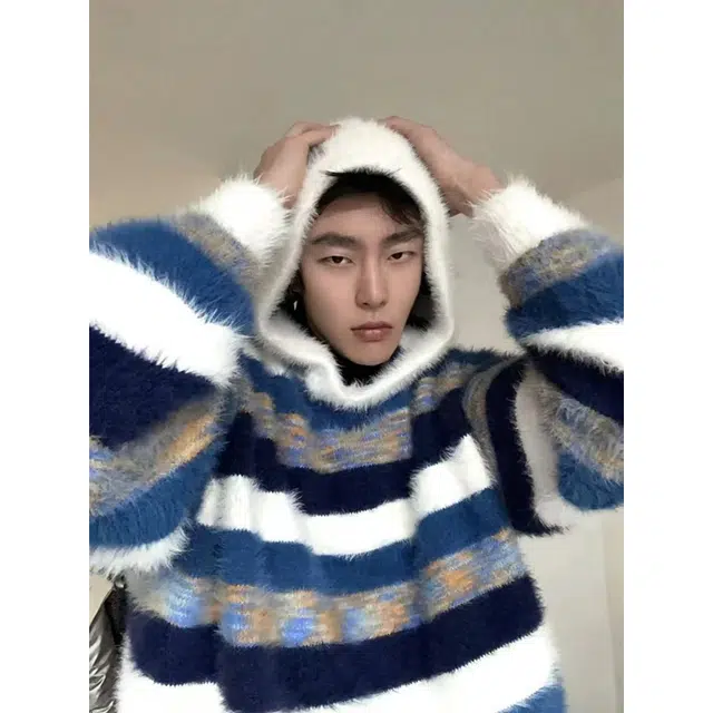 拓菲 美式复古撞色蓝白条纹连帽卫衣男潮高级感慵懒风仿貂绒针织衫 男女同款