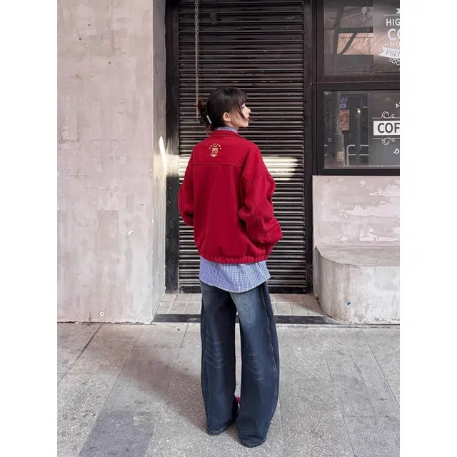 拓菲 美式复古高级红色立领上衣秋季设计感小众格子拼接工装外套夹克 男女同款