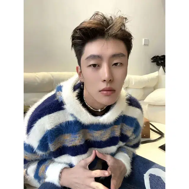 拓菲 美式复古撞色蓝白条纹连帽卫衣男潮高级感慵懒风仿貂绒针织衫 男女同款