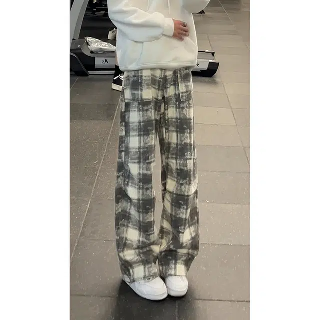 拓菲 美式复古格子长裤裤子男款秋春垂感高级感直筒裤宽松运动休闲牛仔裤 男女同款
