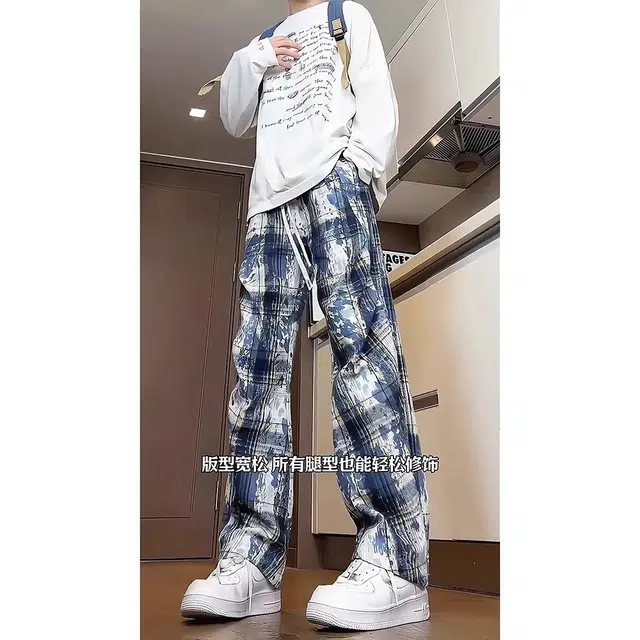 拓菲 美式扎染格子青少年酷帅褶皱设计感宽松直筒裤休闲裤 男女同款