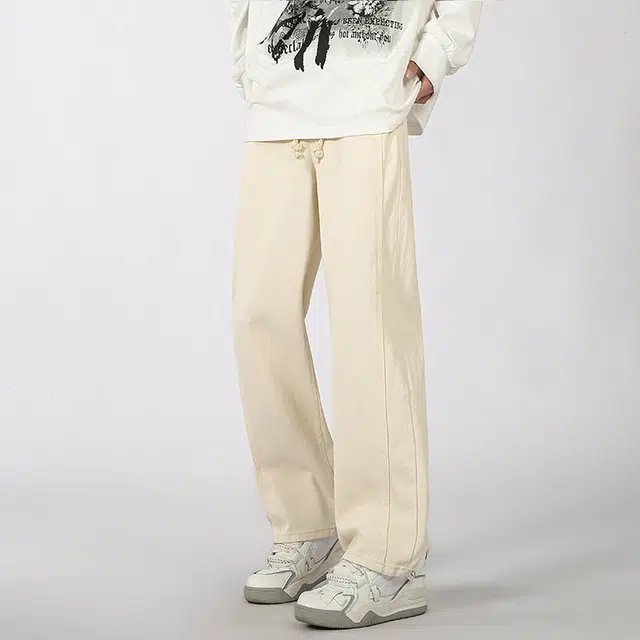 拓菲 纯色基础男春秋潮牌宽松抽绳阔腿长裤日系潮流高街百搭直筒工装休闲裤牛仔裤 男女同款