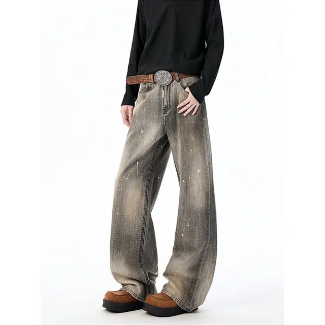 拓菲 美式水洗做旧泼墨弯刀长裤男秋季潮牌高街宽松阔腿拖地牛仔裤 男女同款