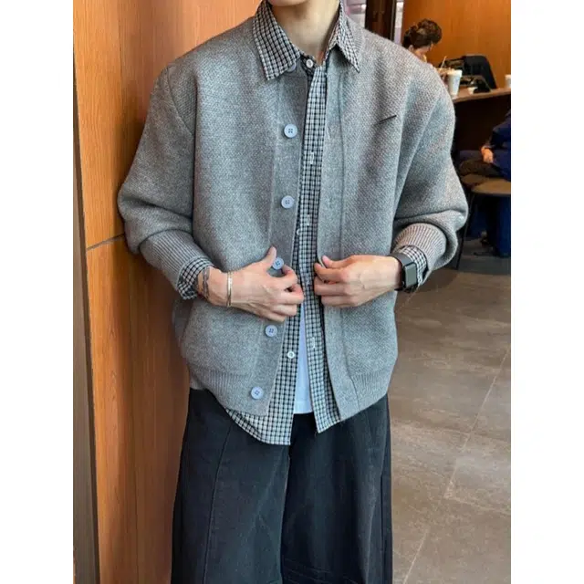 拓菲 假两件格子开衫外套男款慵懒高级感松弛感穿搭宽松休闲针织衫 男女同款