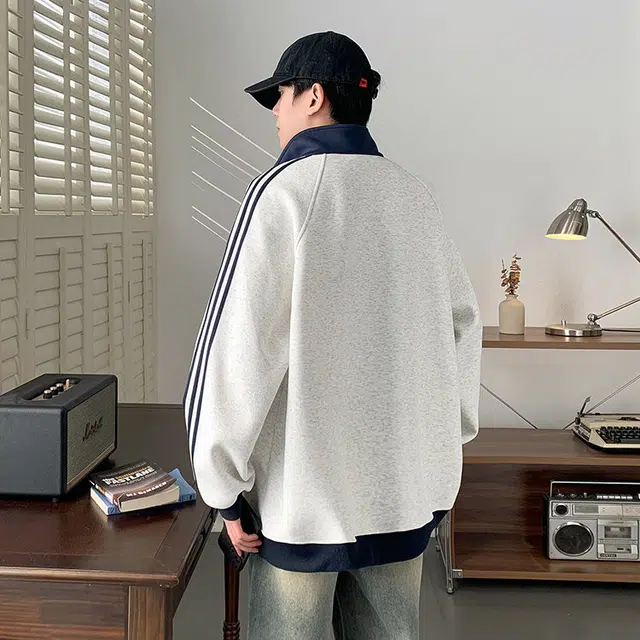 拓菲 立领开衫卫衣男秋季学院风三条杠运动美式复古条纹外套夹克 男女同款