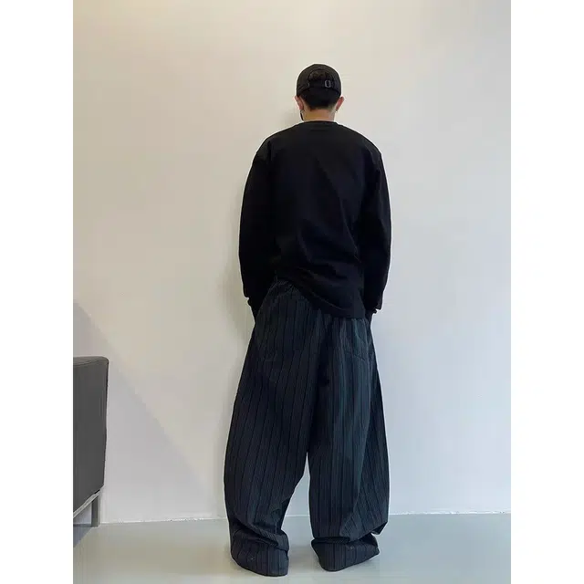 拓菲 复古竖条纹棉弯刀阔腿裤束脚拖地休闲裤 男女同款