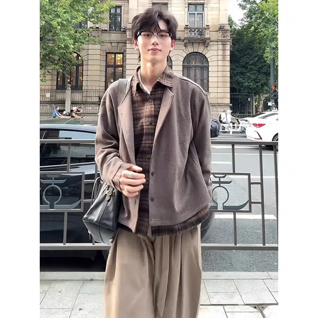 拓菲 假两件棕咖色格纹衬衫领开衫男款秋季慵懒风氛围感针织衫外套夹克 男女同款