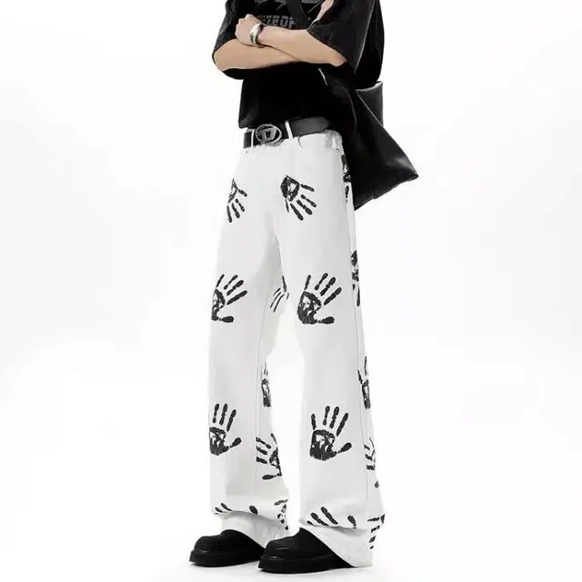 拓菲 美式高街潮牌手掌印花微喇直筒牛仔裤 男女同款