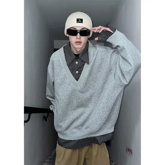 拓菲 设计感假两件拼接男春秋复古宽松时尚高级感上衣潮卫衣 男女同款