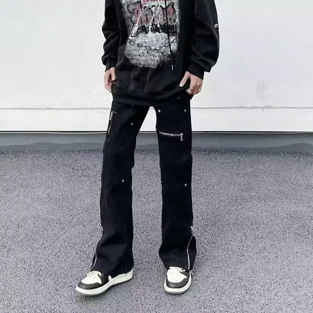 拓菲 国潮弹力休闲直筒微喇裤脚口可调节拉链拼接牛仔裤街头裤子 男女同款