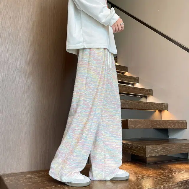 拓菲 彩虹糯米裤女秋季季高腰慵懒垂感直筒小个子针织加绒阔腿裤子休闲裤 男女同款