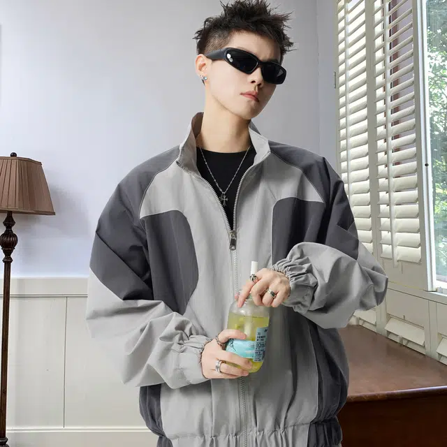 拓菲 美式潮牌拼色立领男秋季户外机能工装外套复古高街运动登山服夹克 男女同款