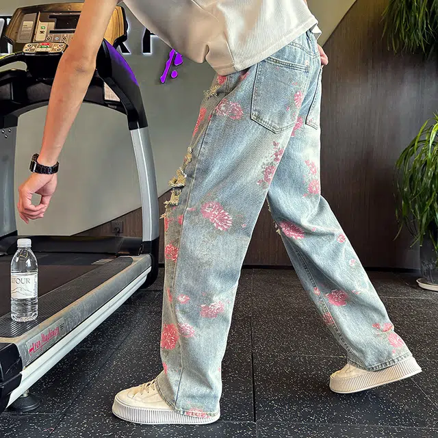 拓菲 美式破洞高街直筒潮牌牛仔裤 男女同款