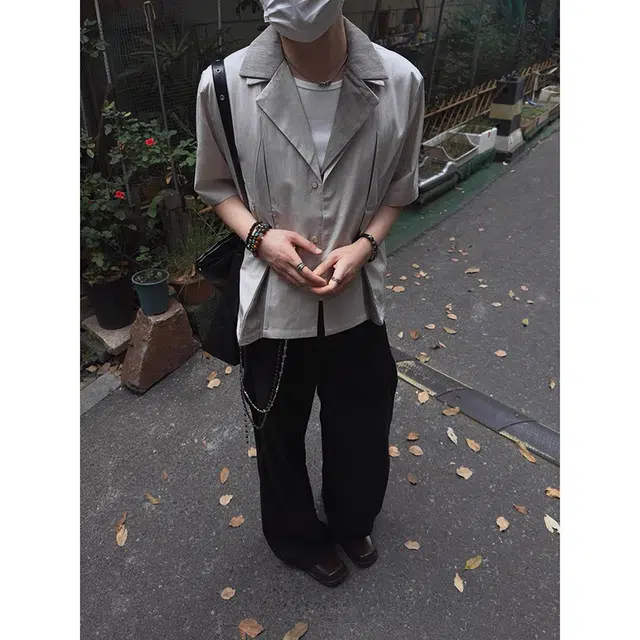 拓菲 解构几何西装领假两件短袖衬衫 男女同款