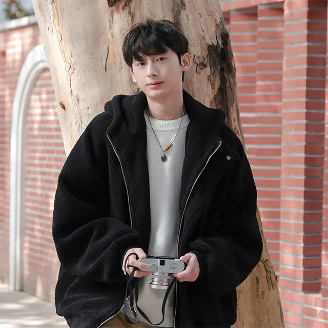 拓菲 羊羔绒棉衣外套男冬季款加厚保暖日系潮牌冬装连帽棉服 男女同款