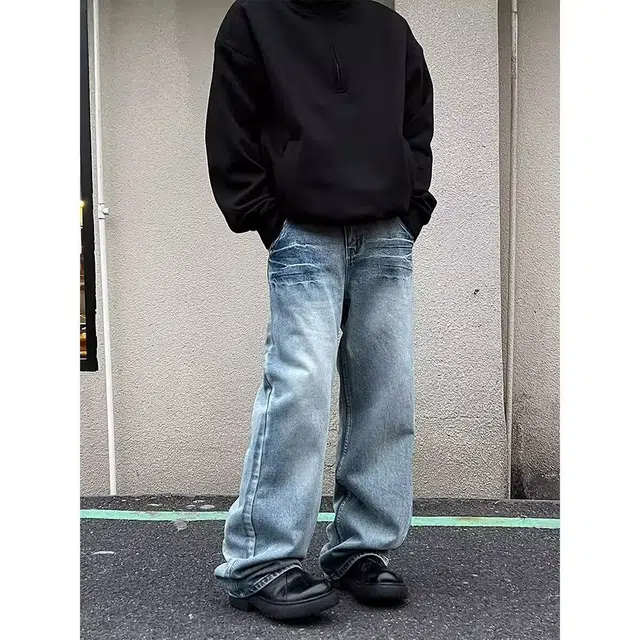 拓菲 牛仔裤时尚水洗闪电纹高街痞帅潮流百搭直筒弯刀裤子 男女同款