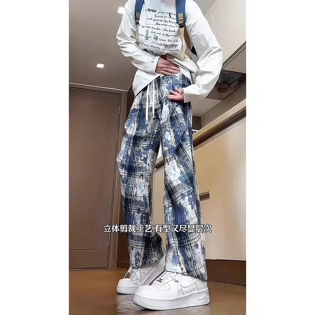拓菲 美式扎染格子青少年酷帅褶皱设计感宽松直筒裤休闲裤 男女同款