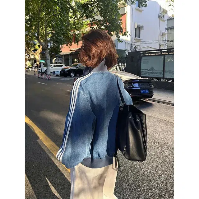 拓菲  美式复古三道杠秋季刺绣棒球服设计感高级短宽夹克牛仔外套男 男女同款