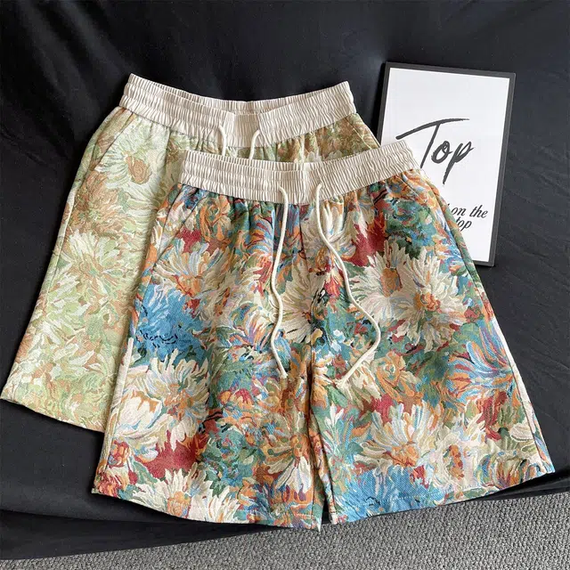 拓菲 夏威夷花卉扎染针织男夏季痞帅高级感冰丝沙滩裤直筒五分裤休闲短裤 男女同款