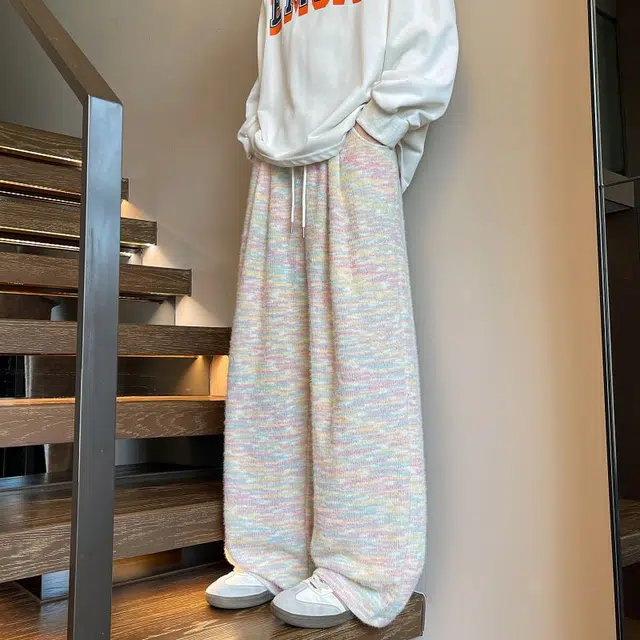 拓菲 彩虹糯米裤女秋季季高腰慵懒垂感直筒小个子针织加绒阔腿裤子休闲裤 男女同款