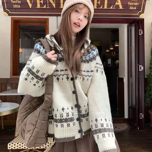 拓菲 韩系复古费尔岛提花连帽开衫外套秋冬季设计感宽松软糯针织衫 男女同款