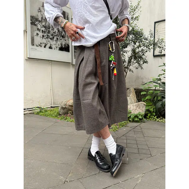 拓菲 美式千鸟格拼接老钱风阔腿西裤七分休闲短裤 男女同款