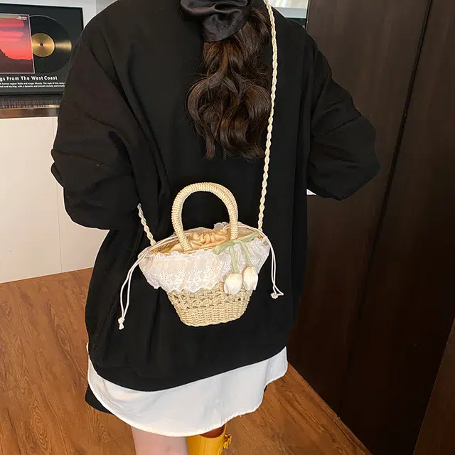 度森袋鼠 法式浪漫田园风蕾丝边软妹森系沙滩 草编 手提包 女款 多色