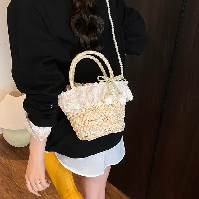 度森袋鼠 法式浪漫田园风蕾丝边软妹森系沙滩 草编 手提包 女款 多色