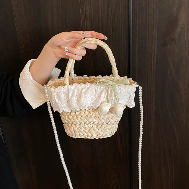 度森袋鼠 法式浪漫田园风蕾丝边软妹森系沙滩 草编 手提包 女款 多色