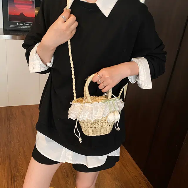 度森袋鼠 法式浪漫田园风蕾丝边软妹森系沙滩 草编 手提包 女款 多色