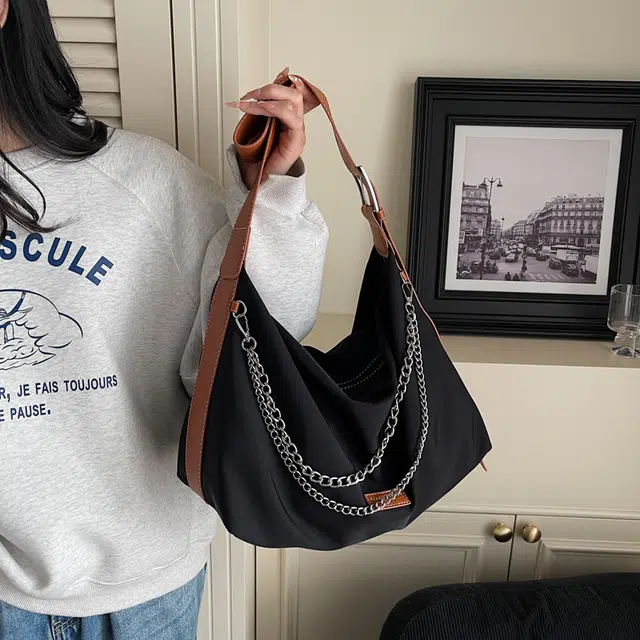 度森袋鼠 时尚简约韩系百搭链条设计 尼龙布 斜挎包 常规 女款 黑色