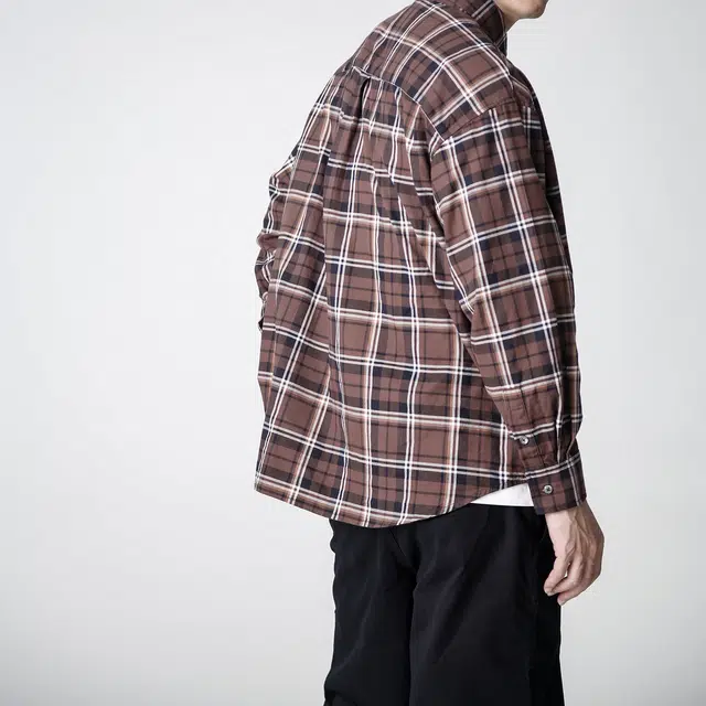 实年服工 工作室单件手作系列翻领宽松百搭潮流上衣长袖格子衬衫 男款 啡棕色