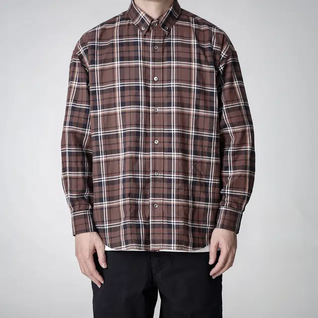 实年服工 工作室单件手作系列翻领宽松百搭潮流上衣长袖格子衬衫 男款 啡棕色