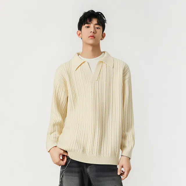 棉基因 美式韩系复古文艺慵懒风纯色麻花翻领假两件时尚宽松百搭舒适可内搭外穿适合通勤休闲等多种场景针织毛衣 男女同款