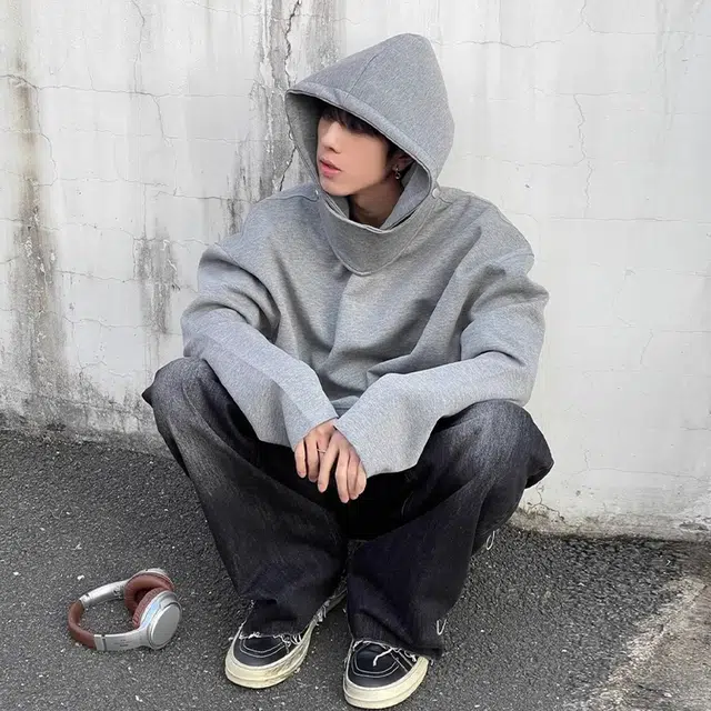 棉基因 重磅美式街头宽松休闲百搭高街复古时尚简约高领连帽纯色落肩卫衣 男女同款