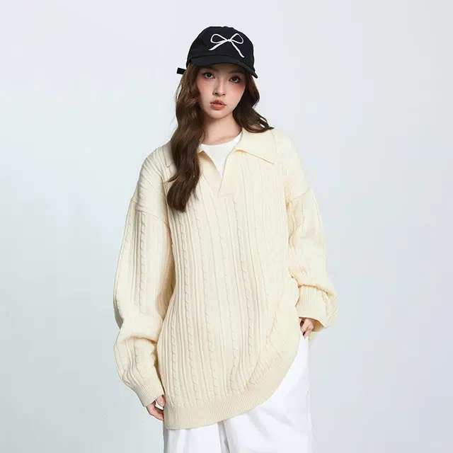 棉基因 美式韩系复古文艺慵懒风纯色麻花翻领假两件时尚宽松百搭舒适可内搭外穿适合通勤休闲等多种场景针织毛衣 男女同款