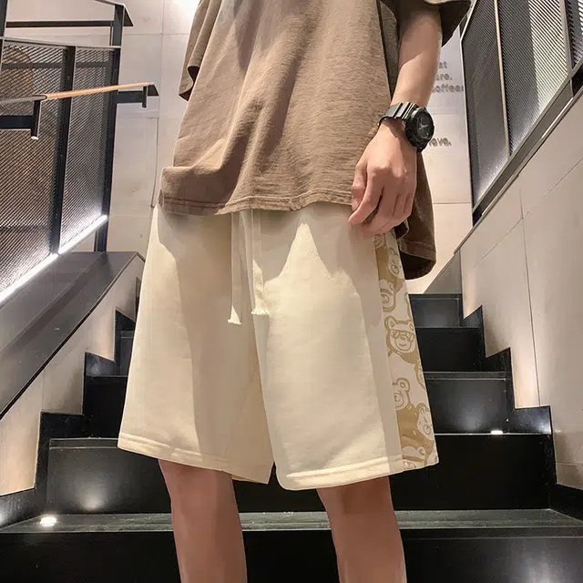 棉基因 美式高街潮牌复古宽松简约小熊印花多色中腰系带五分休闲短裤 男女同款