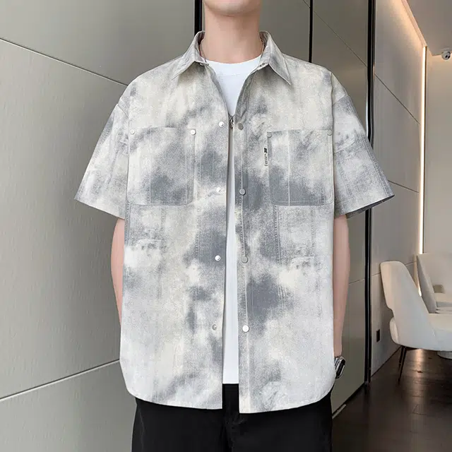 棉基因 美式复古扎染工装度假风凉感防晒半袖衬衣外套短袖衬衫 男女同款