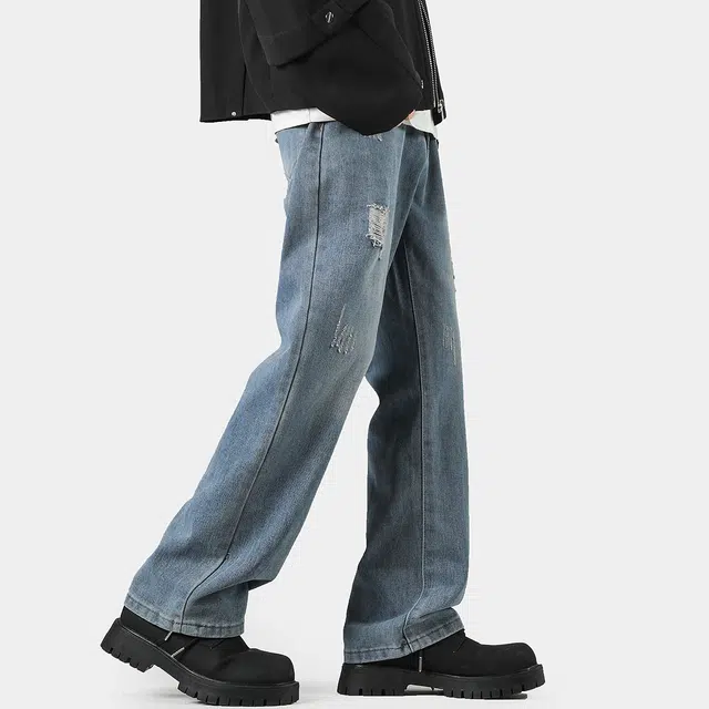 棉基因 破洞复古基础纯色垂感宽松阔腿高街美式做旧水洗休闲运动显瘦街头风牛仔裤 男女同款
