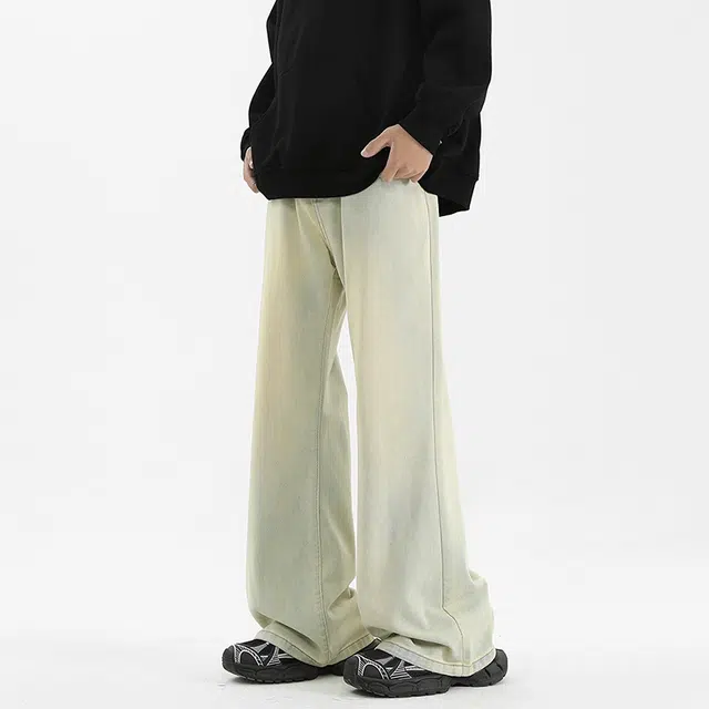 棉基因 复古磨白柳叶弯刀美式高街水洗做旧宽松简约直筒垂感微喇显高显瘦休闲百搭基础款牛仔裤 男女同款