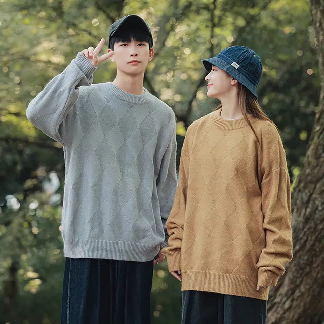 棉基因 文艺风不规则菱形格结构设计款针织长袖圆领上衣时尚高街潮流百搭宽松休闲毛衣 男女同款